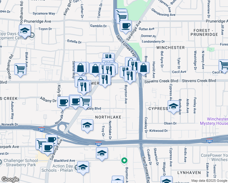 map of restaurants, bars, coffee shops, grocery stores, and more near 380 Northlake Drive in San Jose