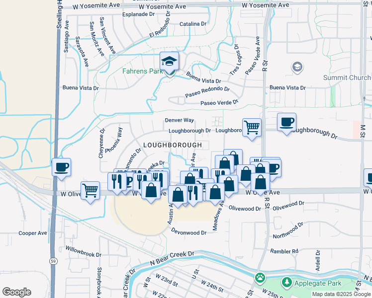 map of restaurants, bars, coffee shops, grocery stores, and more near 3224 Nashville Court in Merced