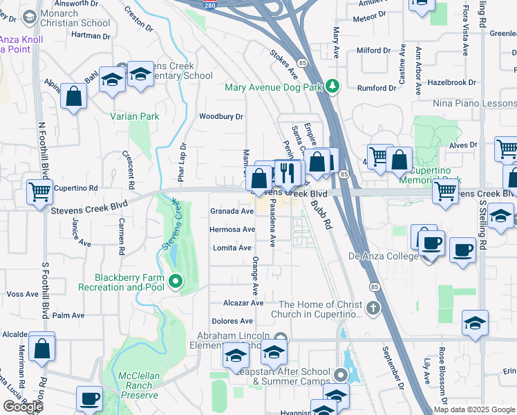 map of restaurants, bars, coffee shops, grocery stores, and more near 10056 Orange Avenue in Cupertino