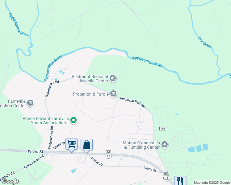 map of restaurants, bars, coffee shops, grocery stores, and more near 590 Industrial Park Road in Farmville
