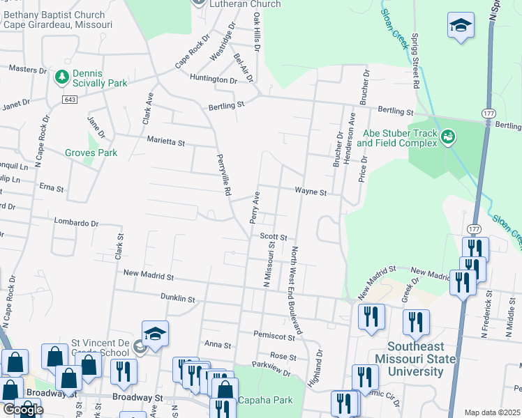 map of restaurants, bars, coffee shops, grocery stores, and more near 1208 Perry Avenue in Cape Girardeau