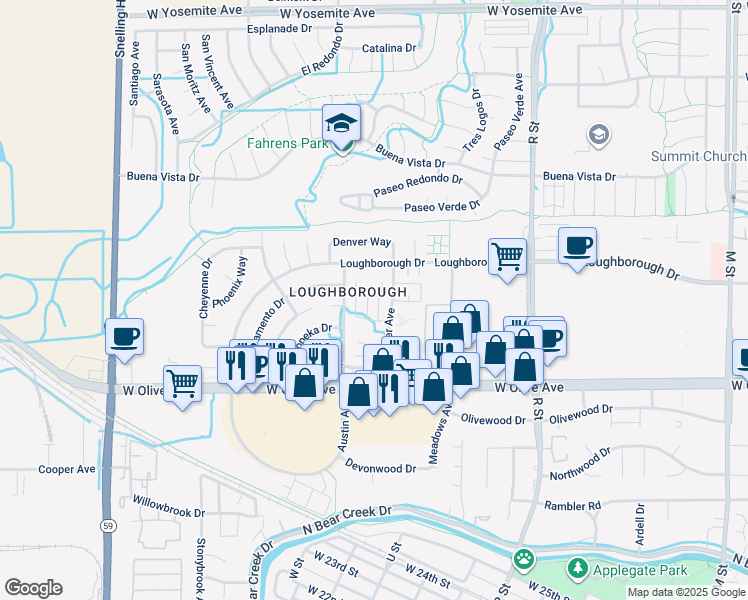 map of restaurants, bars, coffee shops, grocery stores, and more near 3224 Nashville Court in Merced