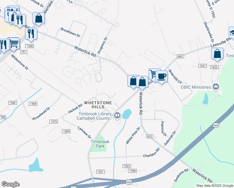 map of restaurants, bars, coffee shops, grocery stores, and more near 157 Pines Village Drive in Lynchburg