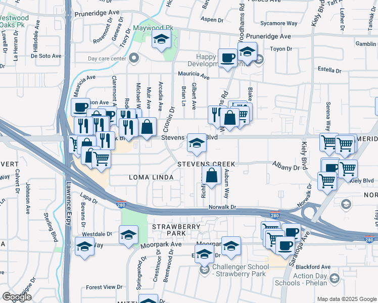 map of restaurants, bars, coffee shops, grocery stores, and more near 4671 Albany Circle in San Jose