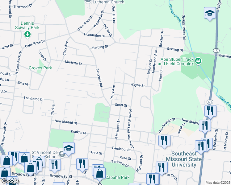 map of restaurants, bars, coffee shops, grocery stores, and more near 1516 Stoddard Street in Cape Girardeau