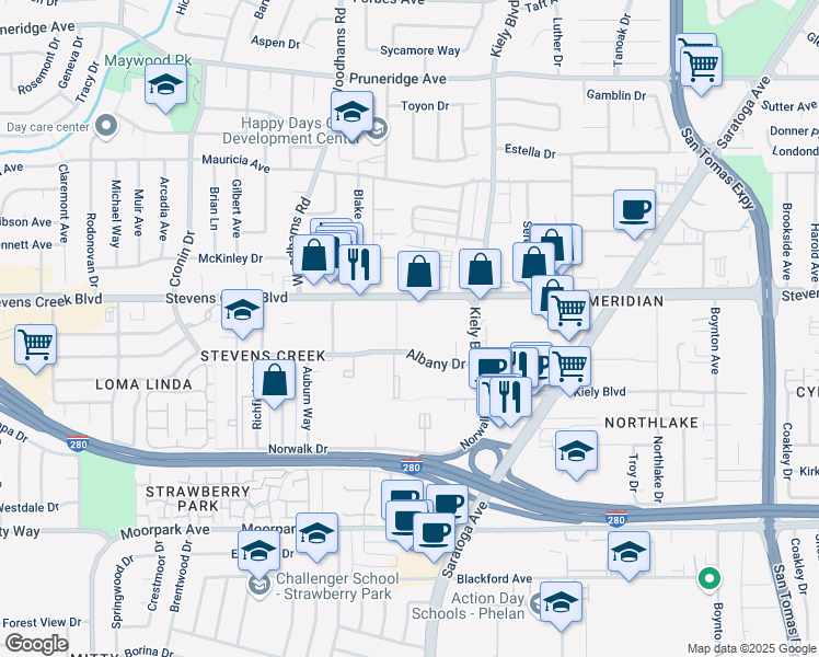 map of restaurants, bars, coffee shops, grocery stores, and more near 4320 Stevens Creek Boulevard in San Jose