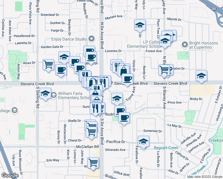 map of restaurants, bars, coffee shops, grocery stores, and more near 20450 Stevens Creek Boulevard in Cupertino