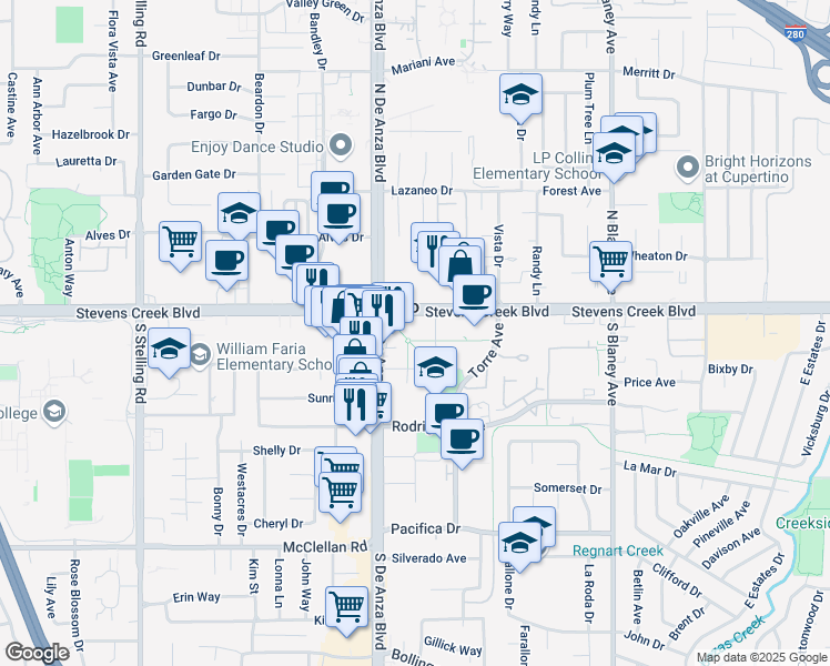map of restaurants, bars, coffee shops, grocery stores, and more near 20488 Stevens Creek Boulevard in Cupertino