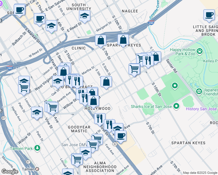 map of restaurants, bars, coffee shops, grocery stores, and more near 1058 South 5th Street in San Jose