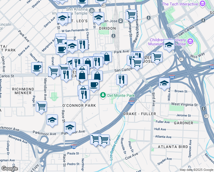 map of restaurants, bars, coffee shops, grocery stores, and more near 809 Auzerais Avenue in San Jose