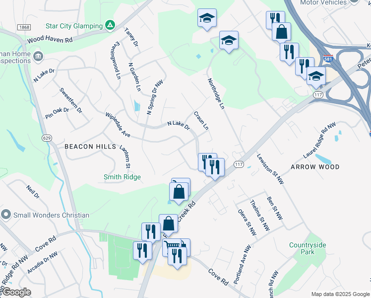 map of restaurants, bars, coffee shops, grocery stores, and more near 5007 Polly Hill Lane in Roanoke