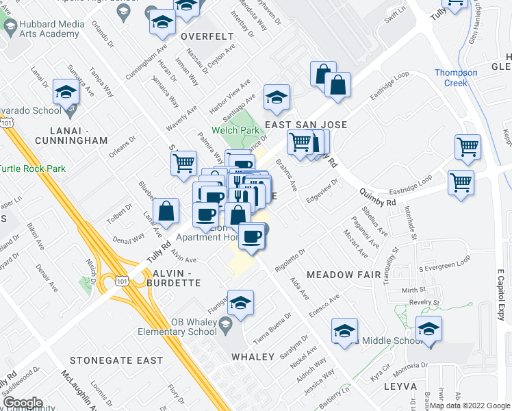 map of restaurants, bars, coffee shops, grocery stores, and more near 1816 Tully Road in San Jose