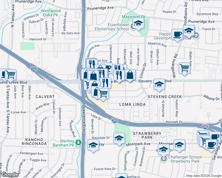 map of restaurants, bars, coffee shops, grocery stores, and more near 5083 Miramar Avenue in San Jose