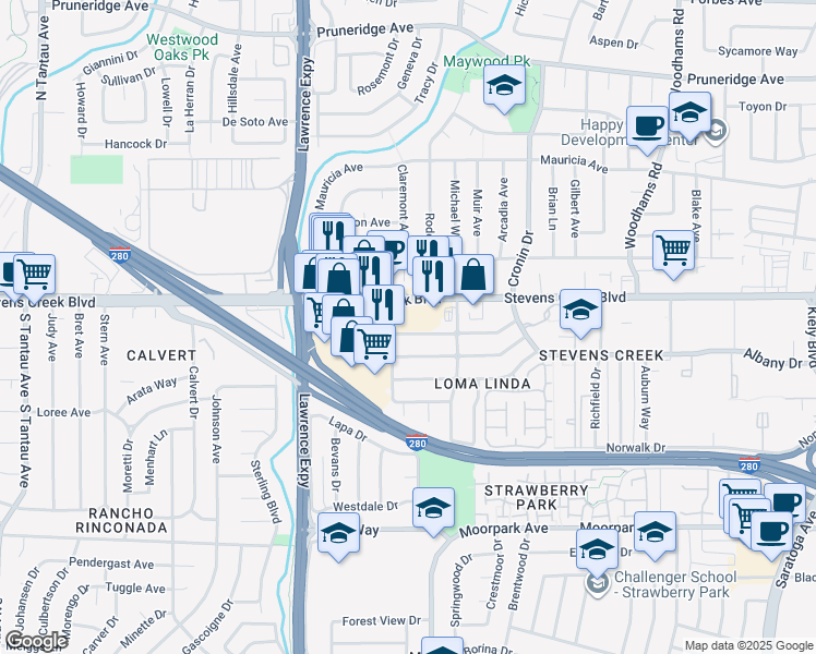 map of restaurants, bars, coffee shops, grocery stores, and more near 5095 Rio Vista Avenue in San Jose