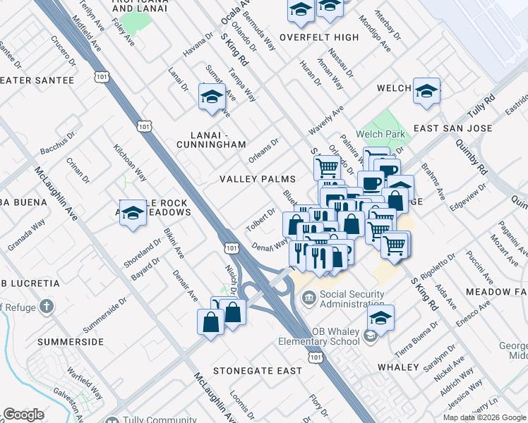 map of restaurants, bars, coffee shops, grocery stores, and more near 2347 Tolbert Court in San Jose
