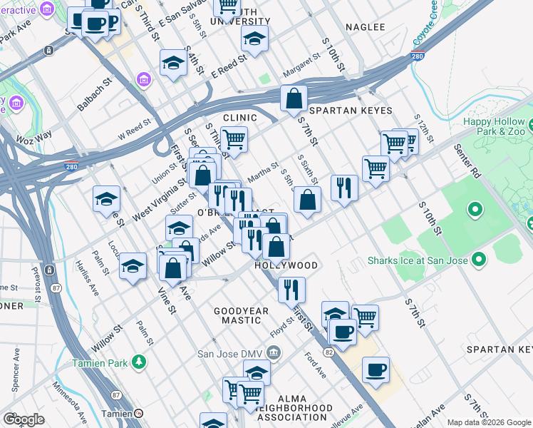map of restaurants, bars, coffee shops, grocery stores, and more near 1060 South 3rd Street in San Jose
