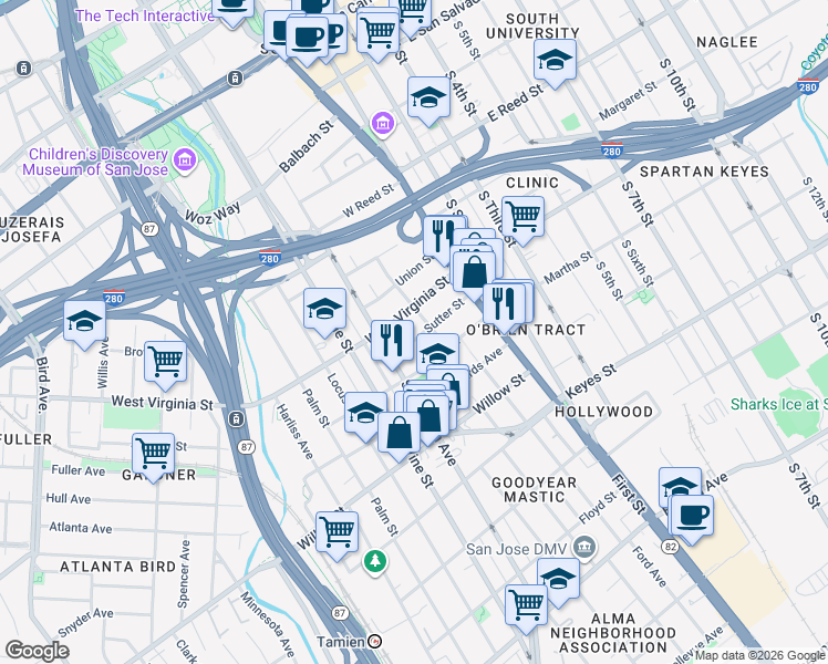 map of restaurants, bars, coffee shops, grocery stores, and more near 131 Oak Street in San Jose