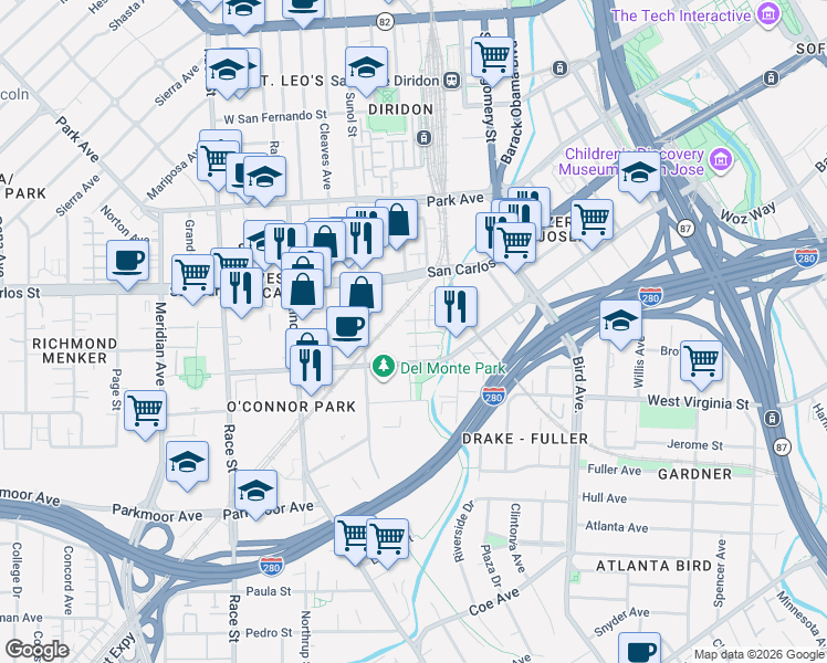 map of restaurants, bars, coffee shops, grocery stores, and more near 874 Gaspar Vista in San Jose
