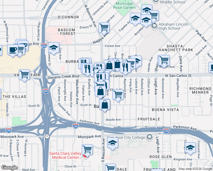 map of restaurants, bars, coffee shops, grocery stores, and more near in San Jose