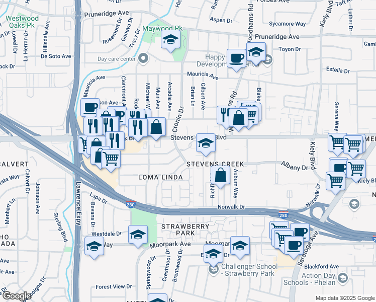 map of restaurants, bars, coffee shops, grocery stores, and more near 4712 Albany Drive in San Jose