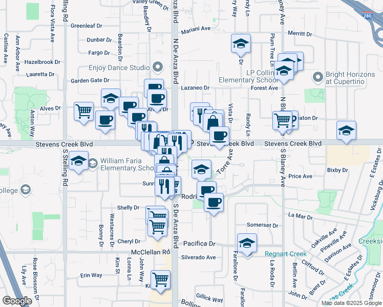 map of restaurants, bars, coffee shops, grocery stores, and more near 20450 Stevens Creek Boulevard in Cupertino
