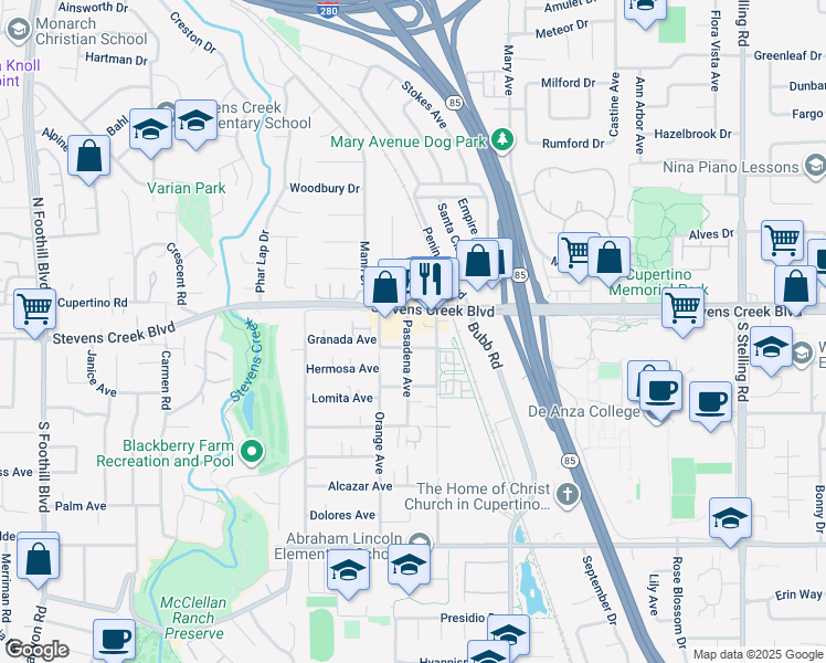 map of restaurants, bars, coffee shops, grocery stores, and more near 21766 Granada Avenue in Cupertino
