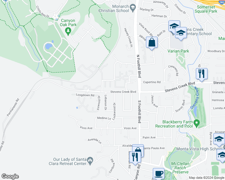map of restaurants, bars, coffee shops, grocery stores, and more near 10110 Lebanon Drive in Cupertino