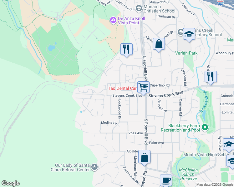 map of restaurants, bars, coffee shops, grocery stores, and more near 22715 Stevens Creek Boulevard in Cupertino