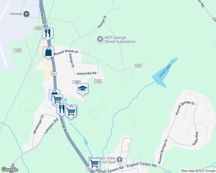 map of restaurants, bars, coffee shops, grocery stores, and more near 316 Hopkins Road in Lynchburg