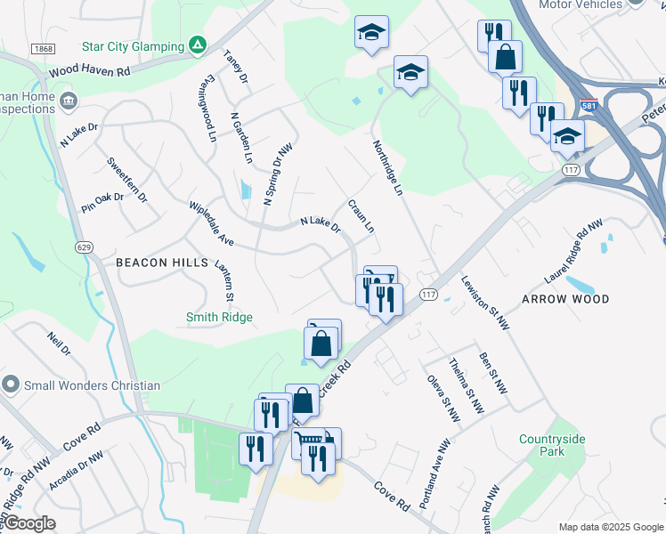 map of restaurants, bars, coffee shops, grocery stores, and more near 5007 Polly Hill Lane in Roanoke
