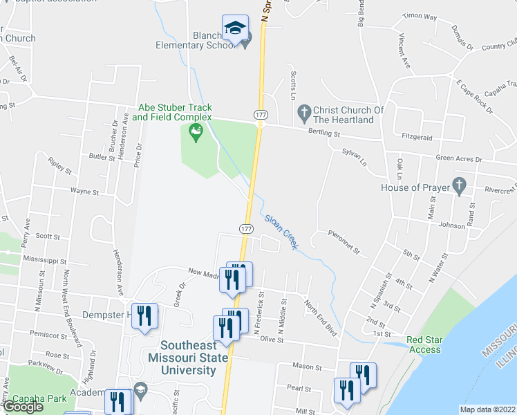 map of restaurants, bars, coffee shops, grocery stores, and more near 1 Village Drive in Cape Girardeau