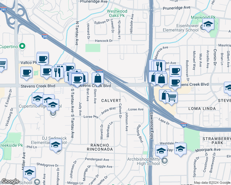 map of restaurants, bars, coffee shops, grocery stores, and more near 5624 Stevens Creek Boulevard in Cupertino