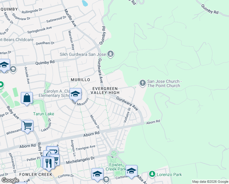 map of restaurants, bars, coffee shops, grocery stores, and more near 3651 Carmella Coms in San Jose