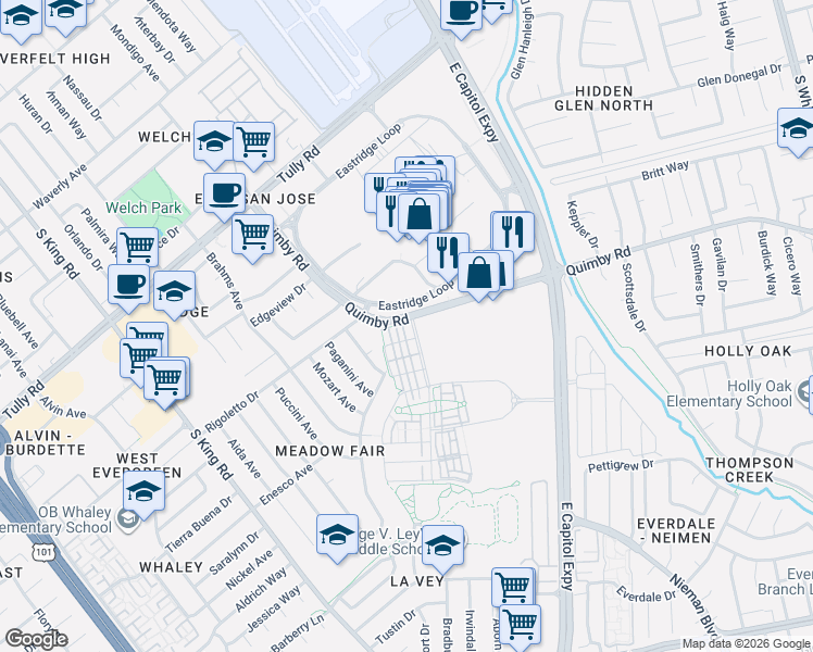 map of restaurants, bars, coffee shops, grocery stores, and more near 2633 Interlude Street in San Jose
