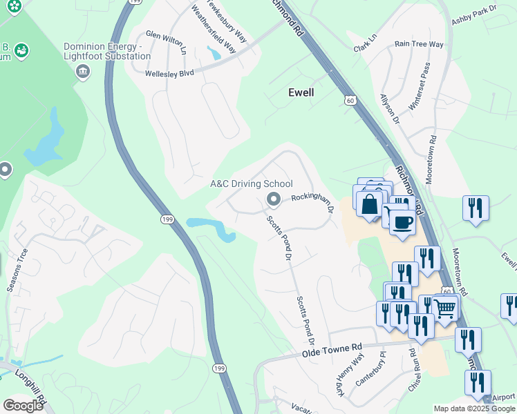 map of restaurants, bars, coffee shops, grocery stores, and more near 5601 Scotts Pond Drive in Williamsburg