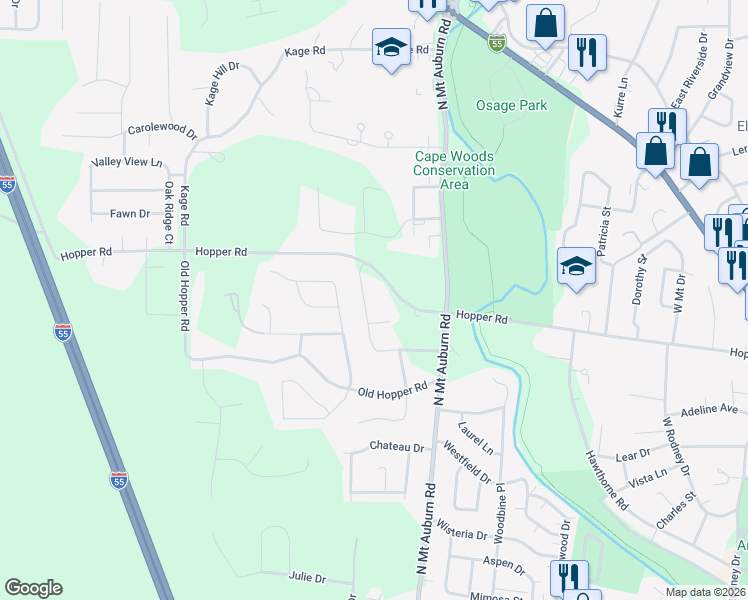 map of restaurants, bars, coffee shops, grocery stores, and more near 3301 Hopper Road in Cape Girardeau