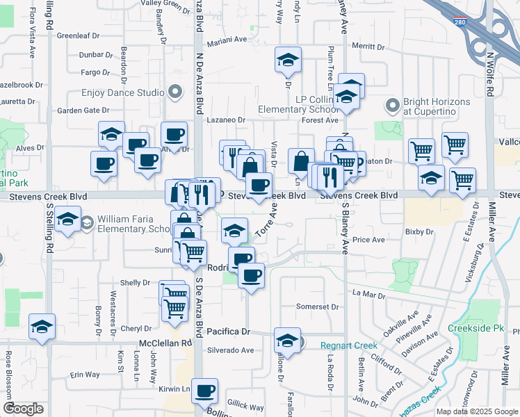 map of restaurants, bars, coffee shops, grocery stores, and more near 20300 Stevens Creek Boulevard in Cupertino