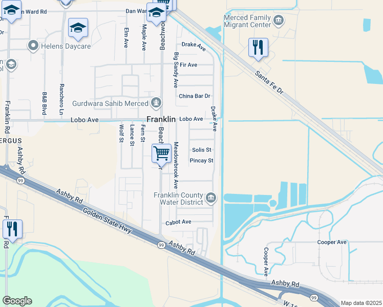 map of restaurants, bars, coffee shops, grocery stores, and more near 2153 Solis Street in Merced