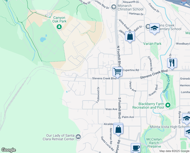map of restaurants, bars, coffee shops, grocery stores, and more near 22731 Stevens Creek Boulevard in Cupertino