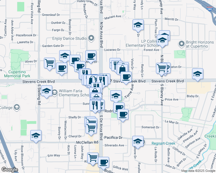 map of restaurants, bars, coffee shops, grocery stores, and more near 20450 Stevens Creek Boulevard in Cupertino