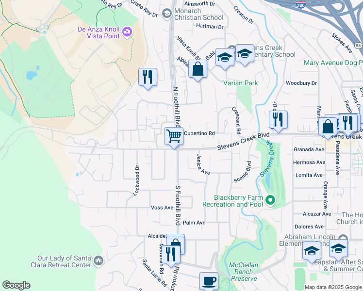 map of restaurants, bars, coffee shops, grocery stores, and more near 10012 North Foothill Boulevard in Cupertino