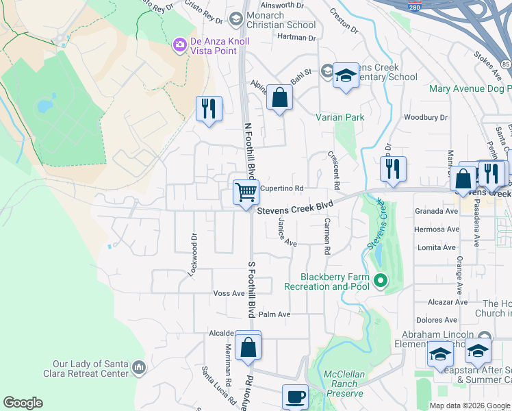 map of restaurants, bars, coffee shops, grocery stores, and more near 10012 North Foothill Boulevard in Cupertino