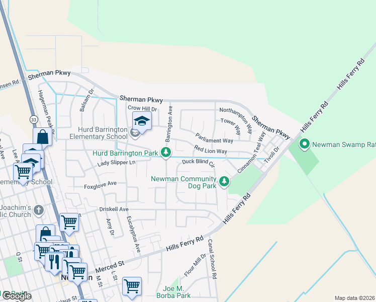 map of restaurants, bars, coffee shops, grocery stores, and more near 941 Haycastle Court in Newman