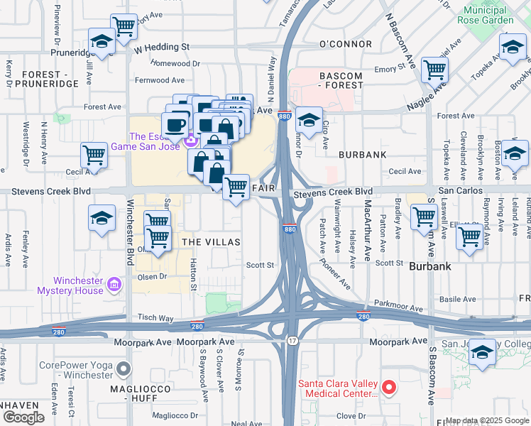 map of restaurants, bars, coffee shops, grocery stores, and more near 31 South Daniel Way in San Jose