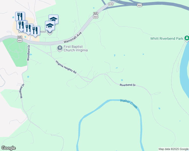 map of restaurants, bars, coffee shops, grocery stores, and more near 114 Friendly Avenue in Pearisburg