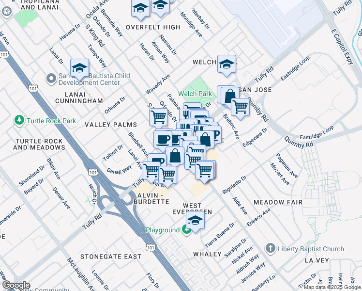 map of restaurants, bars, coffee shops, grocery stores, and more near in San Jose