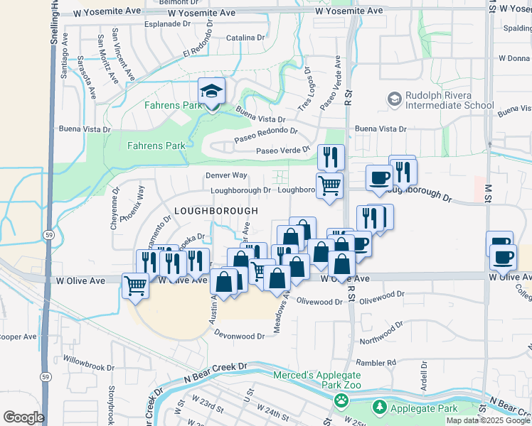 map of restaurants, bars, coffee shops, grocery stores, and more near 1330 Loughborough Drive in Merced