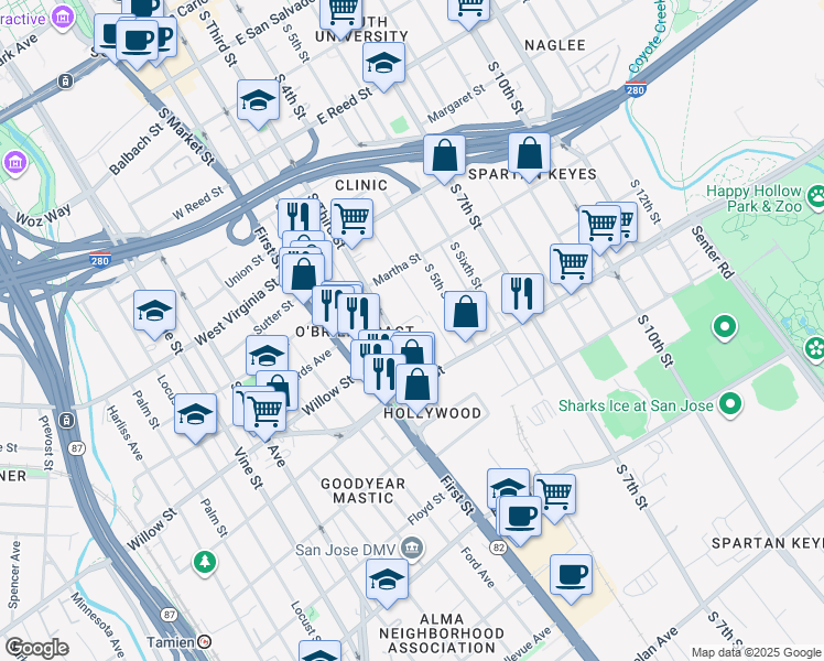 map of restaurants, bars, coffee shops, grocery stores, and more near 950 South 3rd Street in San Jose