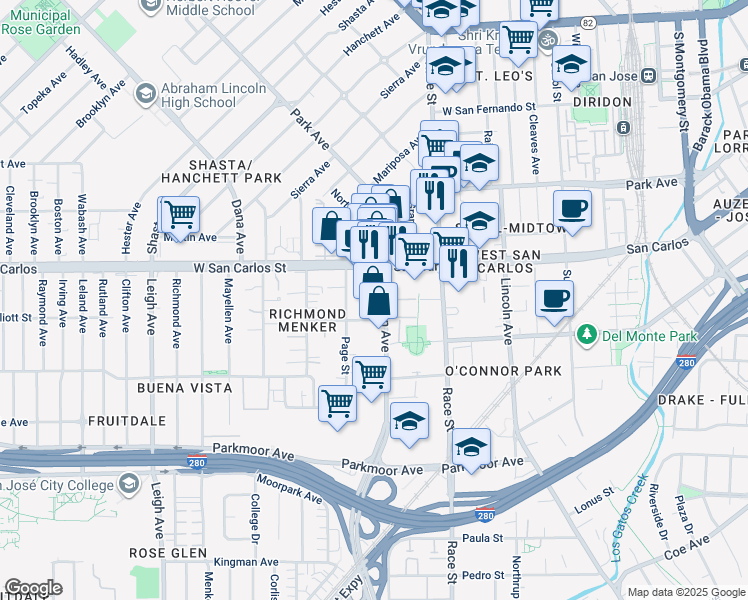 map of restaurants, bars, coffee shops, grocery stores, and more near in San Jose