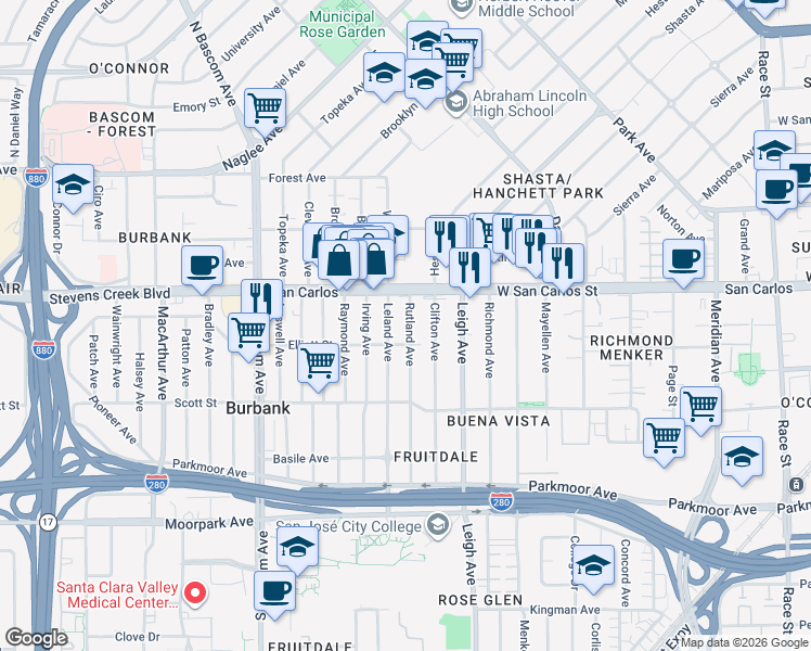map of restaurants, bars, coffee shops, grocery stores, and more near 323 Rutland Avenue in San Jose